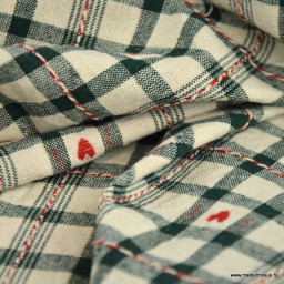 Tissu jacquard coton Villards – Carreaux verts et petits cœurs rouges