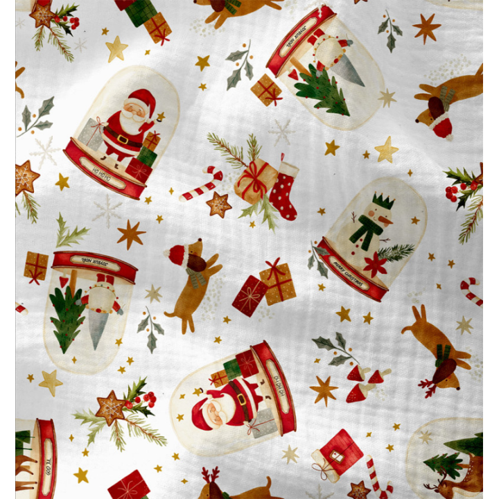 Tissu double gaze de coton Joujou motif boules à neige et teckels de Noël- OEKO TEX