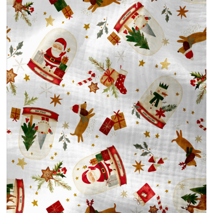 Tissu double gaze de coton Joujou motif boules à neige et teckels de Noël- OEKO TEX
