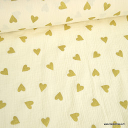 Tissu Double gaze Yoon motif coeurs dorés fond écru - oeko tex