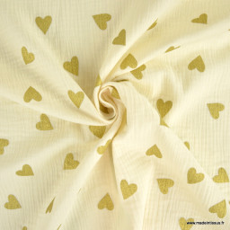 Tissu Double gaze Yoon motif coeurs dorés fond écru - oeko tex