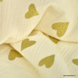 Tissu Double gaze Yoon motif coeurs dorés fond écru - oeko tex