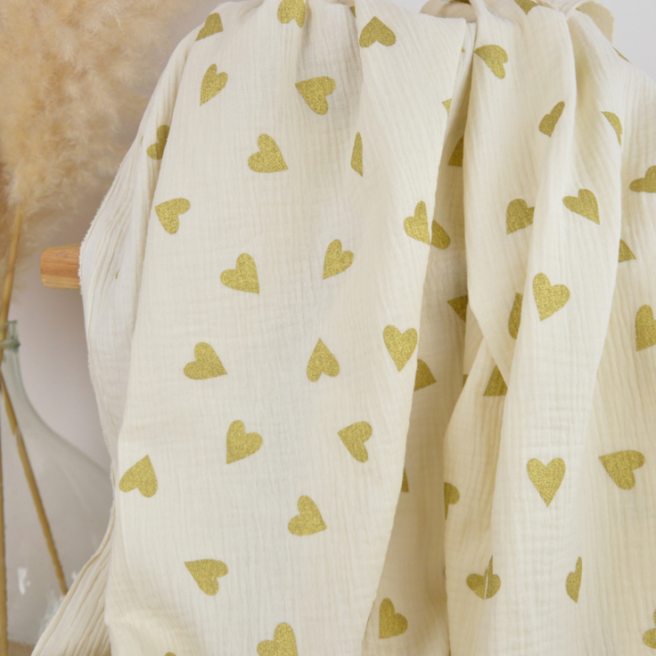 Tissu Double gaze Yoon motif coeurs dorés fond écru - oeko tex