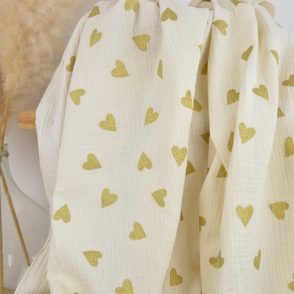 Tissu Double gaze Yoon motif coeurs dorés fond écru - oeko tex