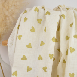 Tissu Double gaze Yoon motif coeurs dorés fond écru - oeko tex
