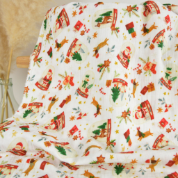 Tissu double gaze de coton Joujou motif boules à neige et teckels de Noël- OEKO TEX