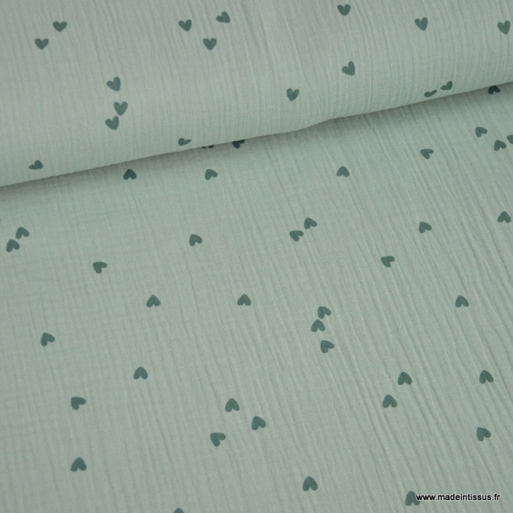 Tissu Double gaze motif coeurs fond vert Nil - OEKO TEX