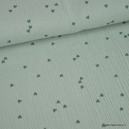 Tissu Double gaze motif coeurs fond vert Nil - OEKO TEX