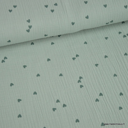 Tissu Double gaze motif coeurs fond vert Nil - OEKO TEX