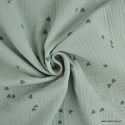 Tissu Double gaze motif coeurs fond vert Nil - OEKO TEX