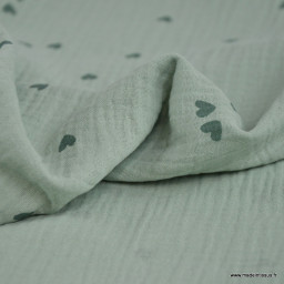 Tissu Double gaze motif coeurs fond vert Nil - OEKO TEX