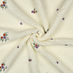 Tissu Fausse Fourrure Sherpa Marie brodée fleurs fond écru - OEKO TEX