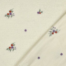 Tissu Fausse Fourrure Sherpa Marie brodée fleurs fond écru - OEKO TEX