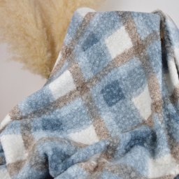Tissu bouclette tartan bleu, beige et blanc cassé