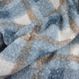 Tissu bouclette tartan bleu, beige et blanc cassé