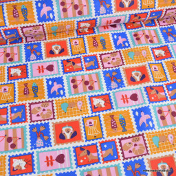 Tissu coton Enduit Timbres motif animaux, fleurs et rayures