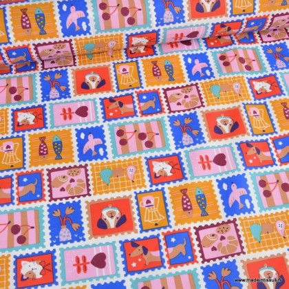 Tissu coton Enduit Timbres motif animaux, fleurs et rayures