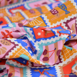 Tissu coton Enduit Timbres motif animaux, fleurs et rayures