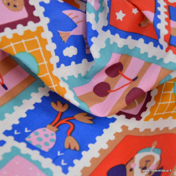 Tissu coton Enduit Timbres motif animaux, fleurs et rayures