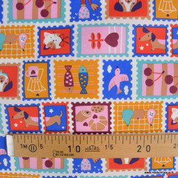 Tissu coton Enduit Timbres motif animaux, fleurs et rayures