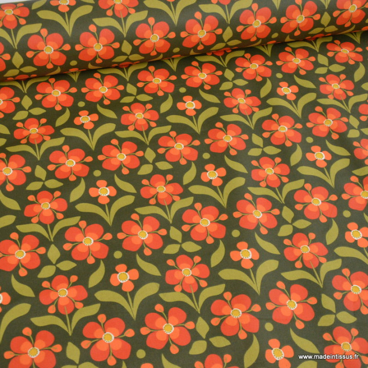 Tissu coton enduit Popreto – Fleurs vintage bronze et rouille