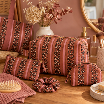 Tissu coton enduit Leoli – Rayures et léopard rose et kaki