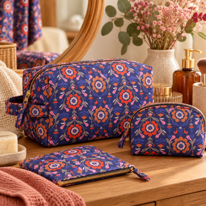 Tissu coton enduit Reine motif fleurs rouges fond bleu