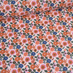 Tissu coton enduit Jany motif fleurs camel et bleu fond écru