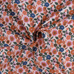 Tissu coton enduit Jany motif fleurs camel et bleu fond écru