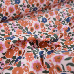 Tissu coton enduit Jany motif fleurs camel et bleu fond écru