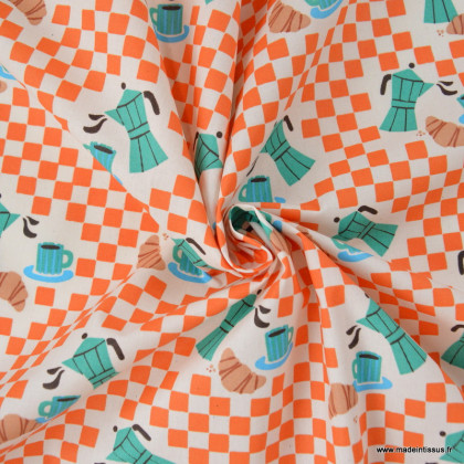 Tissu coton enduit Café – Vichy orange et cafetières italiennes