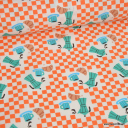 Tissu coton enduit Café – Vichy orange et cafetières italiennes