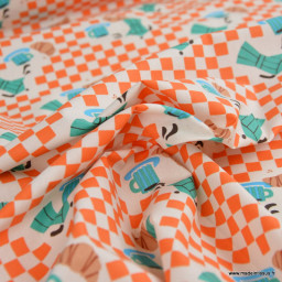 Tissu coton enduit Café – Vichy orange et cafetières italiennes