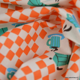 Tissu coton enduit Café – Vichy orange et cafetières italiennes