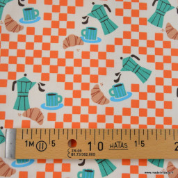 Tissu coton enduit Café – Vichy orange et cafetières italiennes
