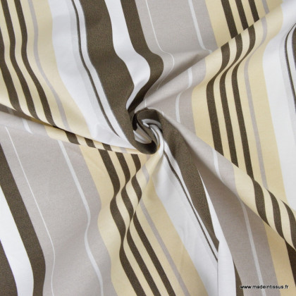 destockage Tissu polyester coton imprimé rayure bayadère taupe beige, 10m