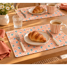 Tissu coton enduit Café – Vichy orange et cafetières italiennes