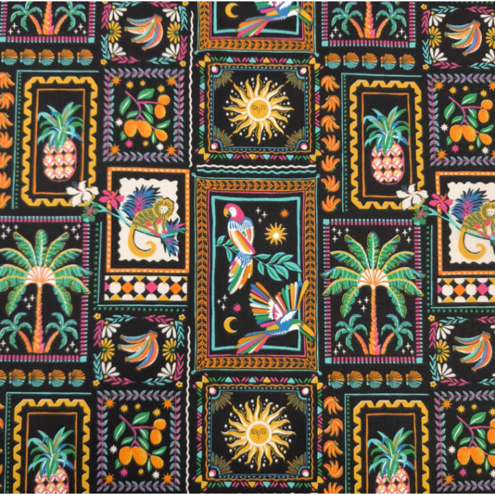 Tissu coton imprimé Bomdia – Motifs tropicaux esprit patchwork Noir