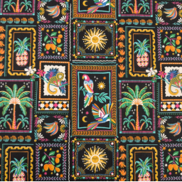 Tissu coton imprimé Bomdia – Motifs tropicaux esprit patchwork Noir