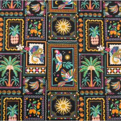 Tissu coton imprimé Bomdia – Motifs tropicaux esprit patchwork Noir