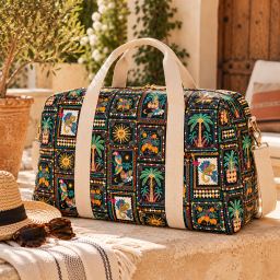 Tissu coton imprimé Bomdia – Motifs tropicaux esprit patchwork Noir