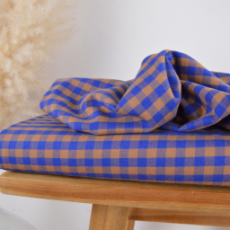Flanelle douce motif Vichy carreaux - Cobalt et caramel