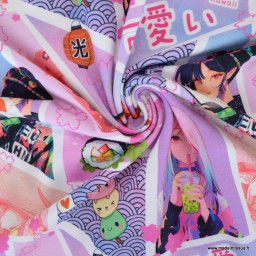 1 coupon de 120 cm de Tissu jersey motif Mangas Japonais Rose et Parme