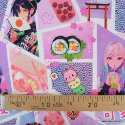 1 coupon de 120 cm de Tissu jersey motif Mangas Japonais Rose et Parme
