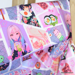 1 coupon de 120 cm de Tissu jersey motif Mangas Japonais Rose et Parme
