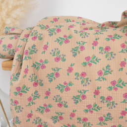 Tissu double gaze de coton Lina fleurs pourpre fond beige