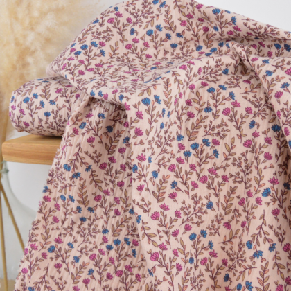 Tissu double gaze de coton Madeleine fleurs pourpre fond skin