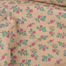 Tissu double gaze de coton Lina fleurs pourpre fond beige
