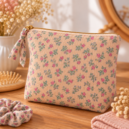 Tissu double gaze de coton Lina fleurs pourpre fond beige