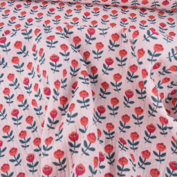 Tissu double gaze de coton Artiom motif fleurs fond rose